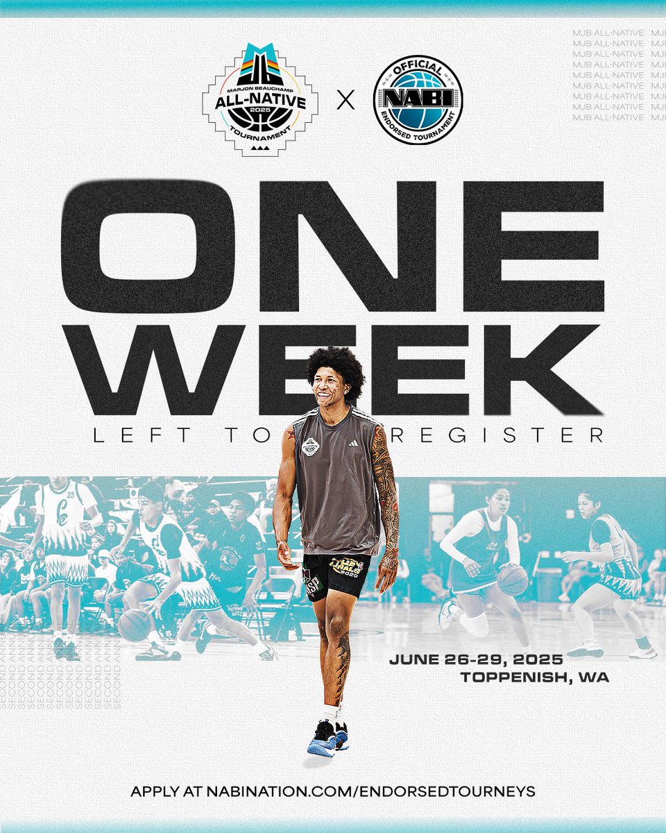 MJBAllNative's tweet photo. ‼️ONE WEEK LEFT TO REGISTER‼️

🔗 Visit https://t.co/mQr9DFwjw5 to register a team for the 2nd Annual MarJon Beauchamp All-Native Tournament!

#MJBAllNative #NABINATION https://t.co/CofcvRcE3x