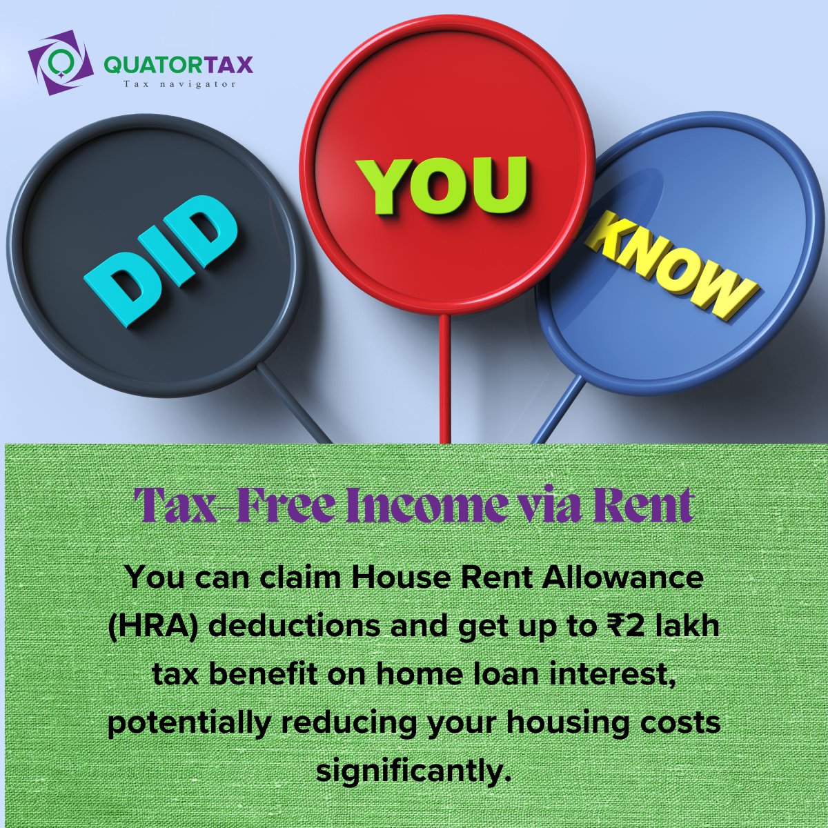 quatortax's tweet photo. 💡 Did You Know?
You can enjoy Tax-Free Income via Rent!
✅ Maximize your deductions with #Quatortax – Trusted Tax Experts.
📲 File smart, save big.
#IncomeTaxIndia #HRAExemption #HomeLoanBenefit #TaxSavings #TaxTips #Quatortax #ITR2025 #TaxConsultantsIndia #SmartFiling https://t.co/TCuJwa0zwD
