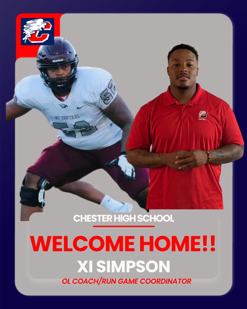ChesterCyclonesFB (@chester_fb) on Twitter photo Welcome Home <a href="/XiSimpson_51/">Coach Xi🙏🏽🏈</a>! Once a Cyclone, Always A Cyclone! Let's go to work! #TheComeback <a href="/CNR_Sports/">News & Reporter</a> <a href="/CHSFBRecruits/">Chester High School Football Recruiting (SC)</a> <a href="/CoachVfloyd/">Victor Floyd</a> <a href="/CoachCaldwell27/">Coach Caldwell</a> <a href="/WingateFb/">Wingate Bulldogs Football</a> <a href="/NCCU_Football/">NC CENTRAL FB | 🦅🏆🦅</a> <a href="/ChesterAthleti1/">Chester Athletics</a> <a href="/Terryradford148/">Terry radford</a> Welcome Home <a href="/XiSimpson_51/">Coach Xi🙏🏽🏈</a>! Once a Cyclone, Always A Cyclone! Let's go to work! #TheComeback <a href="/CNR_Sports/">News & Reporter</a> <a href="/CHSFBRecruits/">Chester High School Football Recruiting (SC)</a> <a href="/CoachVfloyd/">Victor Floyd</a> <a href="/CoachCaldwell27/">Coach Caldwell</a> <a href="/WingateFb/">Wingate Bulldogs Football</a> <a href="/NCCU_Football/">NC CENTRAL FB | 🦅🏆🦅</a> <a href="/ChesterAthleti1/">Chester Athletics</a> <a href="/Terryradford148/">Terry radford</a>