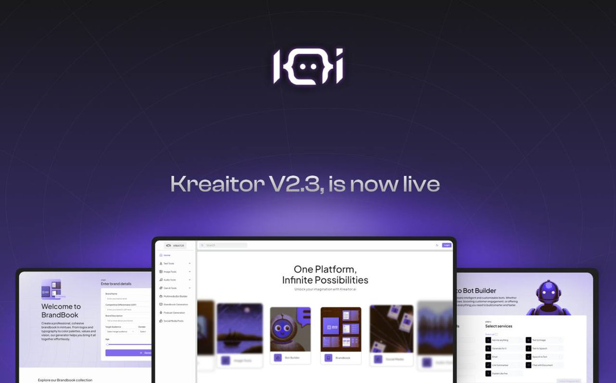 Kreaitor V2.3, is now Live - Kreaitor.ai 

This isn’t just an update—it’s a transformative leap for Generative AI and a defining moment for our community. With a bold new identity, seamless UX, and cutting-edge tools, KreaitorAI V2.3 empowers creators, marketers, and
