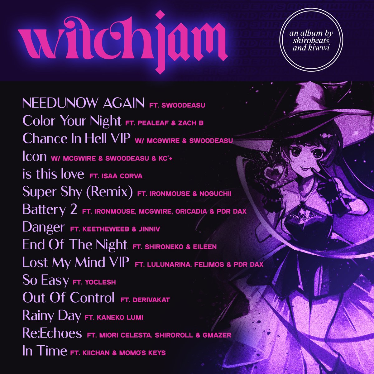 shirobeats's tweet image. Witch Jam 🪄

An album by Shirobeats &amp;amp; Kiwwi 💫
Featuring lots of friends!✨

Release: Friday (May 9th)
Pre-Save Below ⬇️  Art🎨: Nondo39

Thank you to everyone that helped! A lot of these tracks are songs I have always wanted to make. It makes me happy to do alongside friends💙