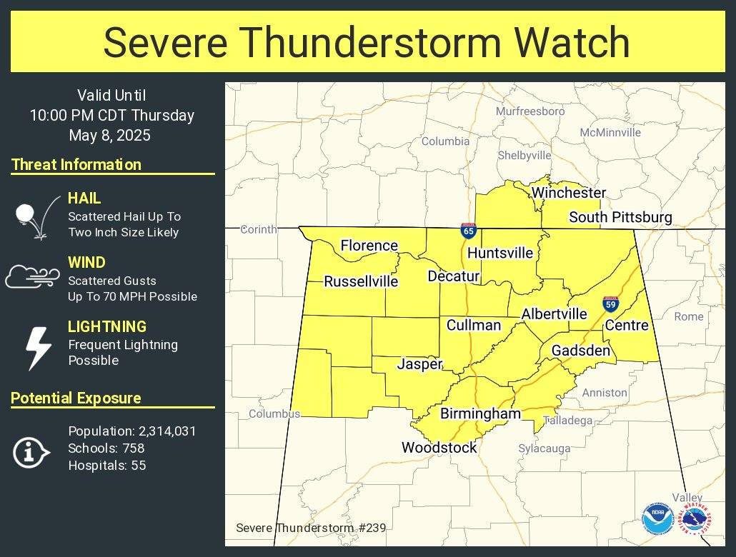 From NWS Hunstville:
A severe thunderstorm watch has been issued for parts of Alabama and Tennessee until 10 p.m. CDT