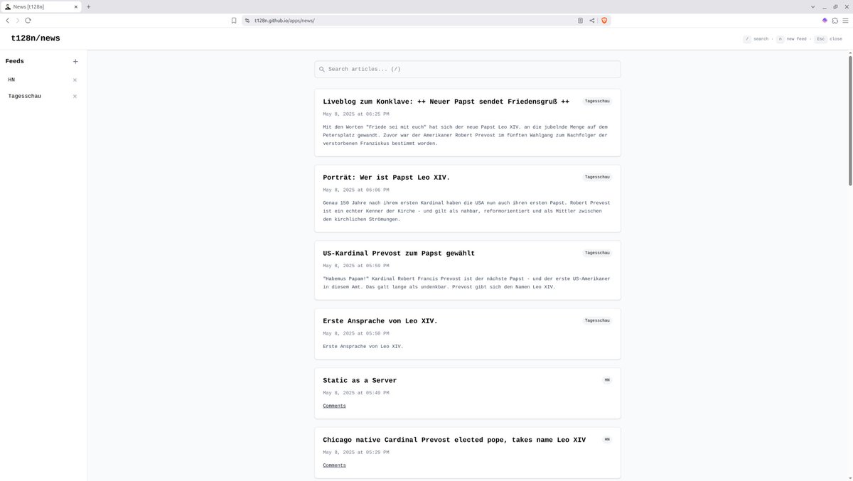 _t128n's tweet image. Tired of bloated news apps?

Stay sharp with t128n/news: a minimalist, local-first RSS feed reader.

No accounts. No syncing. Just your feeds, stored in localStorage.

Simple. Fast. Yours.

#indieweb #RSS #minimalweb
