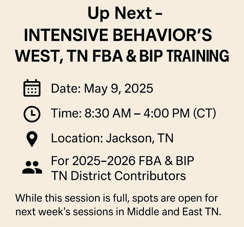 Tennessee_TAN's tweet image. Intensive Behavior's first of three regional FBA/BIP Trainings begins tomorrow, May 9, in Jackson, TN. While this session has hit capacity, they will be hosting sessions in Middle and East TN next week.
Register now: redcap.vumc.org/surveys/?s=EDM…
#FBA #BIP @TNedu