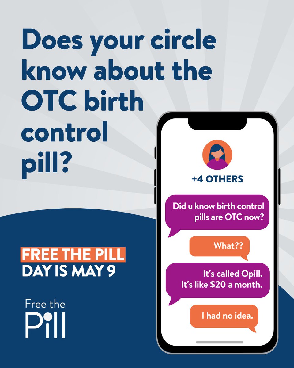 reproaction's tweet image. Drop this in the group chat—it’s the most important text you’ll send today. 
Tell 5 friends about over-the-counter birth control pills on #FreeThePillDay! 
#OTCBirthControl #ReproductiveJustice #FreeThePill #Opill