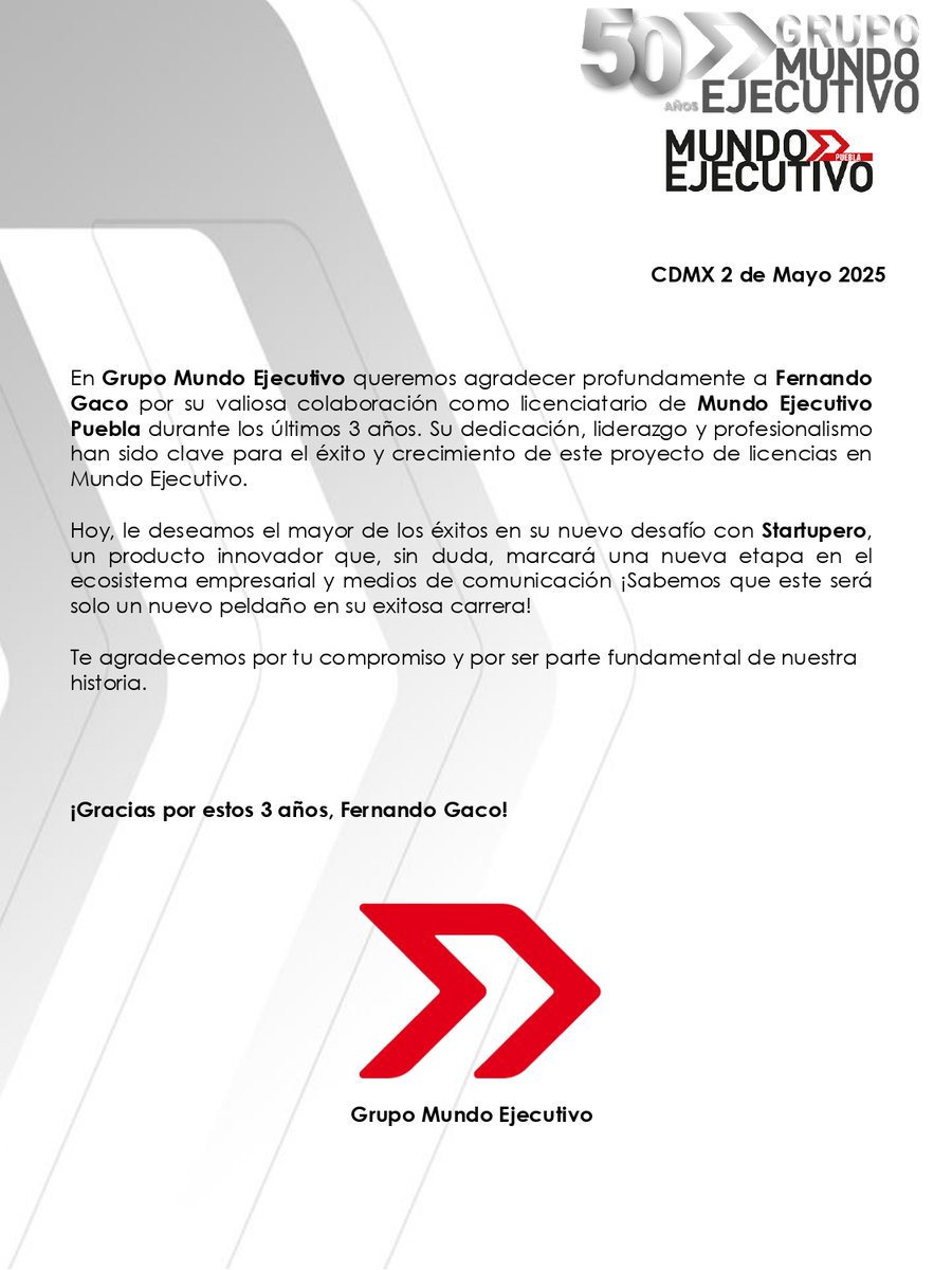Cada historia tiene un líder que marca el rumbo. Gracias <a href="/fernandogaco_/">Fernando Gaco</a> por tu entrega como Director de Mundo Ejecutivo Puebla. Tu legado inspira y da paso a <a href="/startupero__/">Startupero</a>, un nuevo reto con ADN emprendedor e innovador.
¡Gracias por tanto!