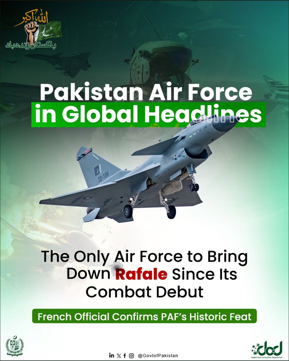 Not Just Defence — It’s Dominance in the Skies!

Pakistan Shatters the Rafale’s Streak of Invincibility with Unmatched Precision and Readiness, Becoming the First Ever Force to Shoot Down Rafale Jet Since Its Combat Debut in 2001.

A Historic Blow to the Indian Air Force.