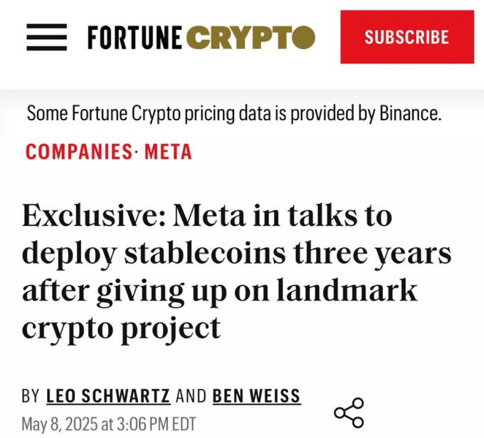 BREAKING: 

🇺🇸 META WITH 3.35 BILLION DAILY ACTIVE USERS IS  TALKS WITH CRYPTO FIRMS TO DEPLOY STABLECOIN PAYOUTS. 

THIS IS MASSIVE 🚀