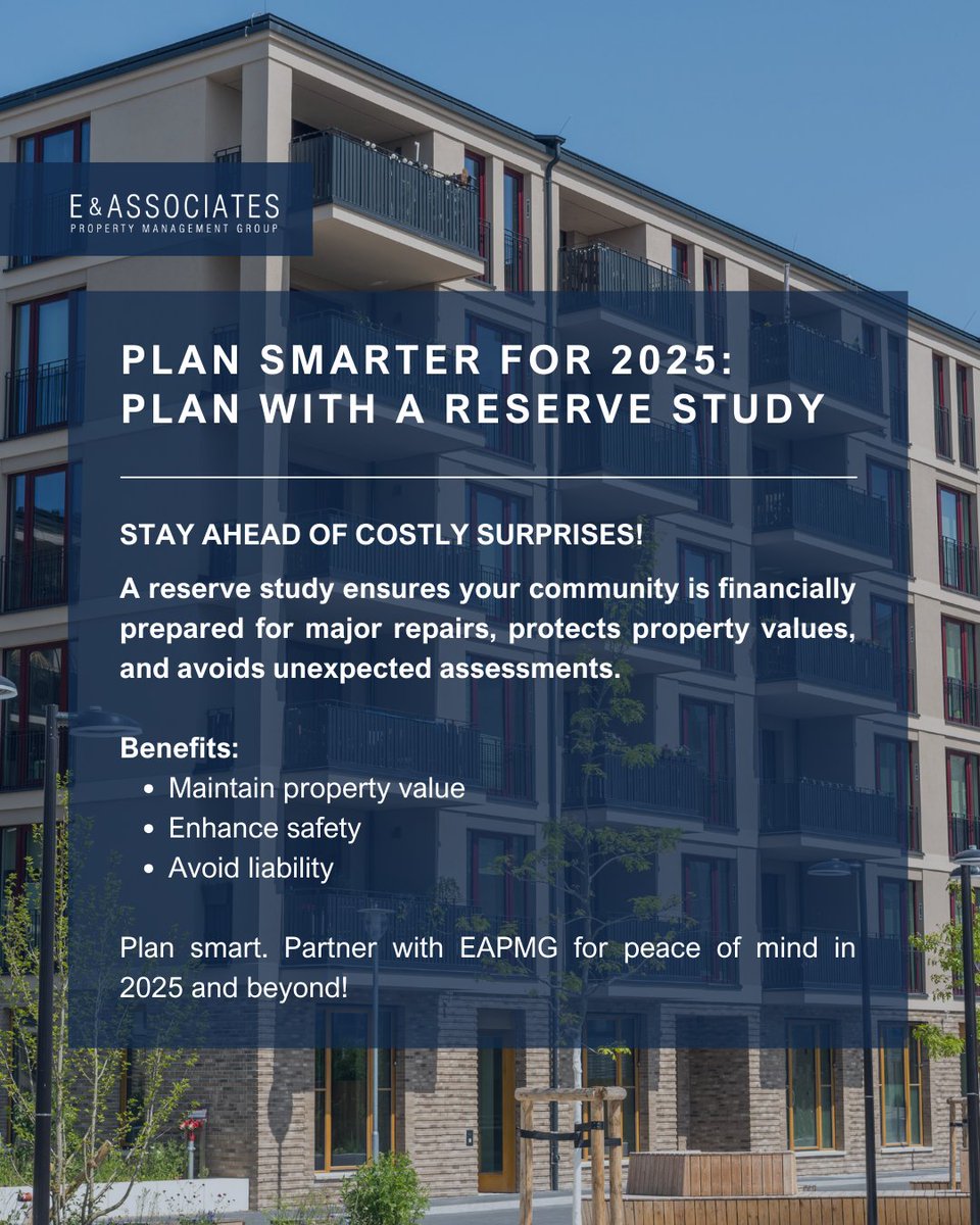 EAPROPERTYMGNT's tweet image. Reserve studies help HOAs and condo associations plan for repairs, maintain property value, and avoid unexpected costs. They support financial stability, safety, and curb appeal, making them essential for smart 2025 planning, even when not legally required.