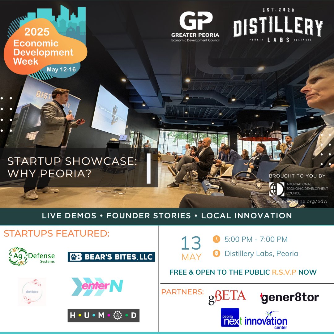🚨 Just days away!
The #StartupShowcase hits <a href="/DistilleryLabs/">Distillery Labs</a> this Tuesday, May 13.
Live demos. Founder insights. Real stories about Why Peoria?

⏰ 5–7 PM | 📍 Peoria
🎟️ Free event – RSVP now: ow.ly/EXxt50VPwUe
#WhyPeoria #DistilleryLabs #StartupGP #EconDevWeek