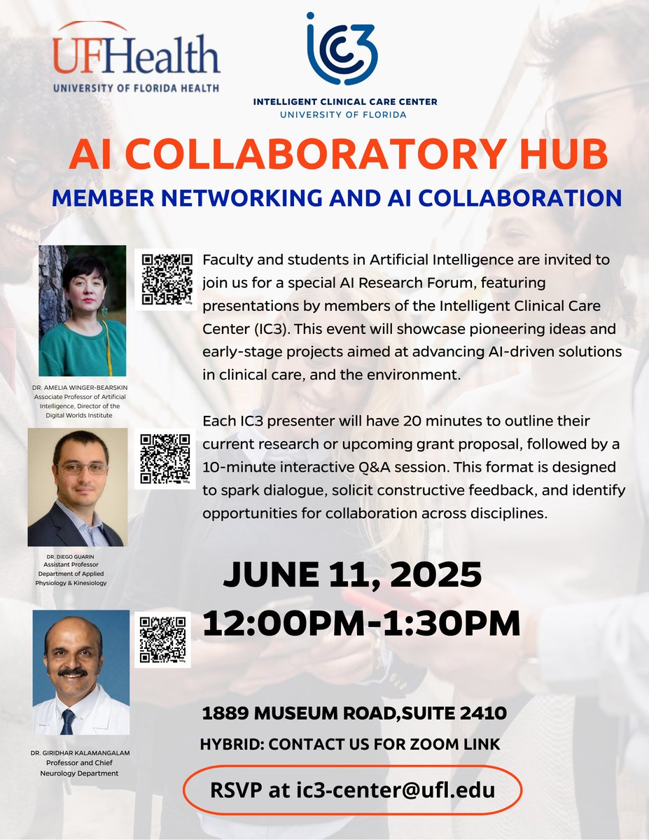 UF Intelligent Clinical Care Center (IC3) (@uf_ic3) on Twitter photo You've heard it nonstop: networking is key. Join us June 11th, 12-1:30 p.m. at our networking event: AI Collaboratory Hub. We'll be featuring Dr. Amelia Winger-Bearskin, Dr. Diego Guarin, and Dr. Giridhar Kalamangalam to explore AI in clinical care. RSVP at ic3-center@ufl.edu. You've heard it nonstop: networking is key. Join us June 11th, 12-1:30 p.m. at our networking event: AI Collaboratory Hub. We'll be featuring Dr. Amelia Winger-Bearskin, Dr. Diego Guarin, and Dr. Giridhar Kalamangalam to explore AI in clinical care. RSVP at ic3-center@ufl.edu.