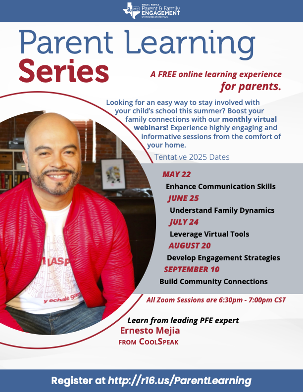 Parents and Guardians:
See this site to learn more about a FREE online learning series each month beginning May 22nd!
pfetexas.net/parentlearning
