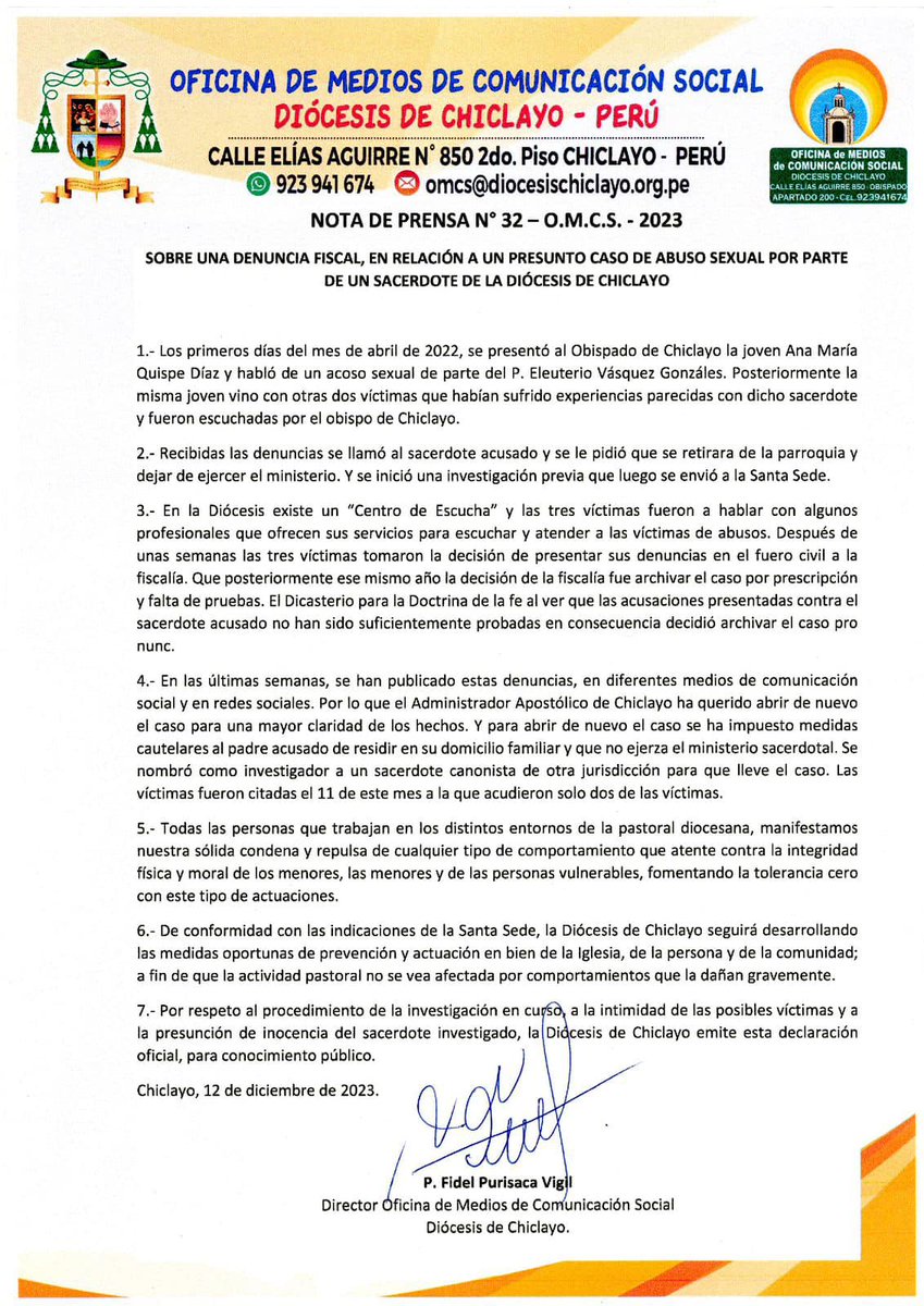 EniorJimenez's tweet photo. Aquí esta la respuesta de la Diócesis de Chiclayo dónde Prevost fue obispo:

1. Los primeros días del mes de abril de 2022, se presentó al Obispado de Chiclayo la joven Ana María Quispe Díaz y habló de un acoso sexual de parte del P. Eleuterio Vásquez Gonzáles. Posteriormente la misma joven vino con otras dos víctimas que habían sufrido experiencias parecidas con dicho sacerdote y fueron escuchadas por el obispo de Chiclayo.

2. Recibidas las denuncias se llamó al sacerdote acusado y se le pidió que se retirara de la parroquia y dejar de ejercer el ministerio. Y se inició una investigación previa que luego se envió a la Santa Sede.

3. En la Diócesis existe un “Centro de Escucha” y las tres víctimas fueron a hablar con algunos profesionales que ofrecen sus servicios para escuchar y atender a las víctimas de abusos. Después de unas semanas las tres víctimas tomaron la decisión de presentar sus denuncias en el fuero civil a la fiscalía. Que posteriormente ese mismo año la decisión de la fiscalía fue archivar el caso por prescripción y falta de pruebas. El Dicasterio para la Doctrina de la fe al ver que las acusaciones presentadas contra el sacerdote acusado no han sido suficientemente probadas en consecuencia decidió archivar el caso pro nunc.

4. En las últimas semanas, se han publicado estas denuncias, en diferentes medios de comunicación social y en redes sociales. Por lo que el Administrador Apostólico de Chiclayo ha querido abrir de nuevo el caso para una mayor claridad de los hechos. Y para abrir de nuevo el caso se ha impuesto medidas cautelares al padre acusado de residir en su domicilio familiar y que no ejerza el ministerio sacerdotal. Se nombró como investigador a un sacerdote canonista de otra jurisdicción para que lleve el caso. Las víctimas fueron citadas el 11 de este mes a la que acudieron solo dos de las víctimas.

5. Todas las personas que trabajan en los distintos entornos de la pastoral diocesana, manifestamos nuestra sólida condena y repulsa de cualquier tipo de comportamiento que atente contra la integridad física y moral de los menores, las menores y de las personas vulnerables, fomentando la tolerancia cero con este tipo de actuaciones.

6. De conformidad con las indicaciones de la Santa Sede, la Diócesis de Chiclayo seguirá desarrollando las medidas oportunas de prevención y actuación en bien de la Iglesia, de la persona y de la comunidad; a fin de que la actividad pastoral no se vea afectada por comportamientos que la dañan gravemente.

7. Por respeto al procedimiento de la investigación en curso, a la intimidad de las posibles víctimas y a la presunción de inocencia del sacerdote investigado, la Diócesis de Chiclayo emite esta declaración oficial, para conocimiento público.

Chiclayo, 12 de diciembre de 2023.

===

En fin, el sacerdote acusado por tres mujeres (adultas) de acoso sexual, ha sido removido y ya no ejerce su función sacerdotal. Además, se denunció el caso a las autoridades superiores y se siguió las pautas establecidas precisamente para detener y frenar este tipo de cosas. 

No hubo "encubrimiento"; todo lo contrario, se sacó todo a la luz del día con completa transparencia. Conozco por lo menos de cuatro pastores pentecostales en el área dónde vivo, que en los últimos 4 años han sido acusados de adulterio con evidencias abrumadoras, y sin embargo, siguen funcionando como "pastores". De estos, no habrá titulares. 

Recuerda: los medios liberales, en manos de los anticristos, buscan cómo pueden destruir la Iglesia en Roma.