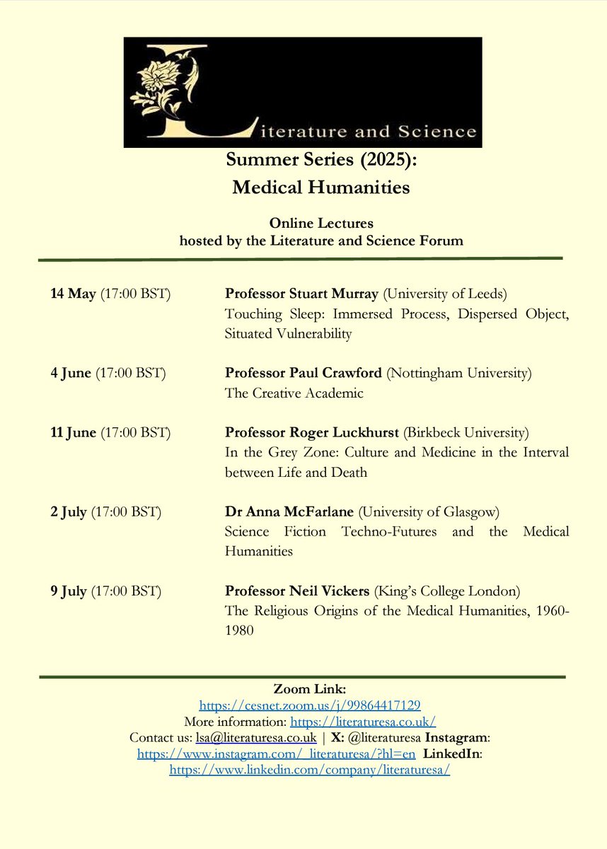 Literature and Science (@_literaturesa) on Twitter photo 🤩📢 Come and join us fa Summer Series of webinars on Medical Humanities💊😷🤒
For more info: literaturesa.co.uk/events
#medicalhumanties #literature
<a href="/Curtis_Chthonic/">Dr Curtis Runstedler</a> <a href="/_sophiefranklin/">Sophie Franklin</a> <a href="/Arya_Aryan1981/">Arya Aryan</a>
<a href="/NeilVickers2/">Neil Vickers</a>
<a href="/mariettarosetta/">Dr Anna McFarlane</a>
<a href="/ProfessorPaulC1/">Professor Paul Crawford</a>
<a href="/TheProfRog/">Roger Luckhurst</a>
<a href="/smurrayleeds/">Stuart Murray</a> 🤩📢 Come and join us fa Summer Series of webinars on Medical Humanities💊😷🤒
For more info: literaturesa.co.uk/events
#medicalhumanties #literature
<a href="/Curtis_Chthonic/">Dr Curtis Runstedler</a> <a href="/_sophiefranklin/">Sophie Franklin</a> <a href="/Arya_Aryan1981/">Arya Aryan</a>
<a href="/NeilVickers2/">Neil Vickers</a>
<a href="/mariettarosetta/">Dr Anna McFarlane</a>
<a href="/ProfessorPaulC1/">Professor Paul Crawford</a>
<a href="/TheProfRog/">Roger Luckhurst</a>
<a href="/smurrayleeds/">Stuart Murray</a>