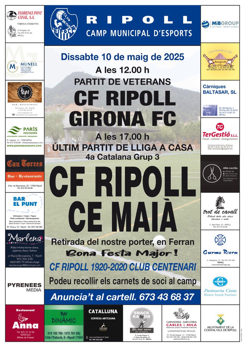⚽️ Gran menú de futbol a #Ripoll aquest dissabte de Festa Major!!! 

🔵 A les 12 h, partit entre els veterans del CF Ripoll i del Girona FC. 
🔵A les 17 h, últim partit de lliga a casa de #4cat3: Ripoll-Maià. 
🏟️ Camp municipal d’esports de Ripoll.

#CFRipoll