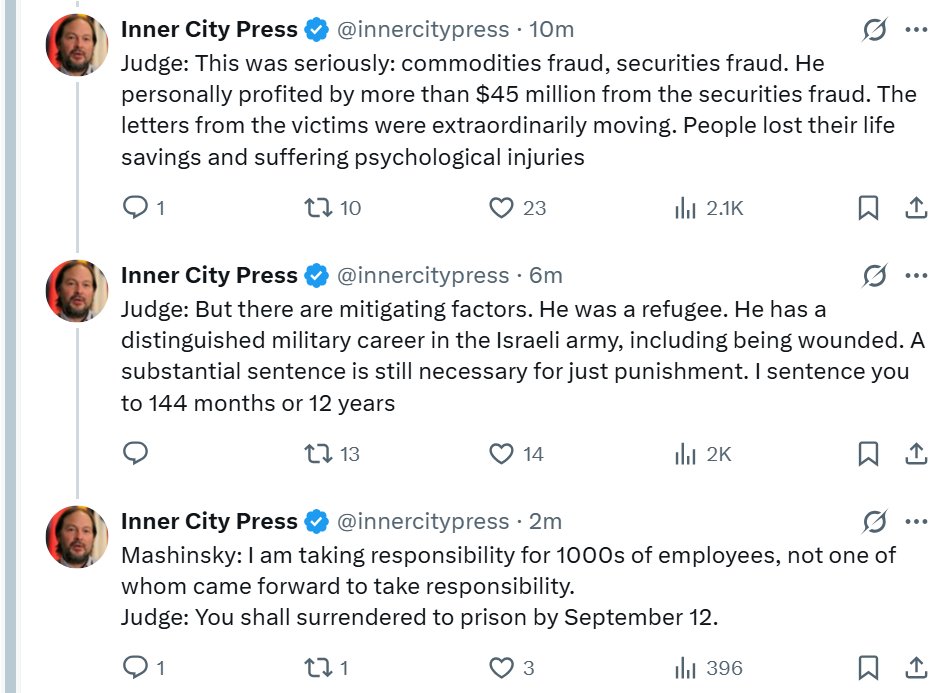 Alex <a href="/Mashinsky/">Alex Mashinsky</a> has been Sentenced to 12 years for Commodities Fraud and Securites fraud &amp; will serve his sentence beginning September 12th