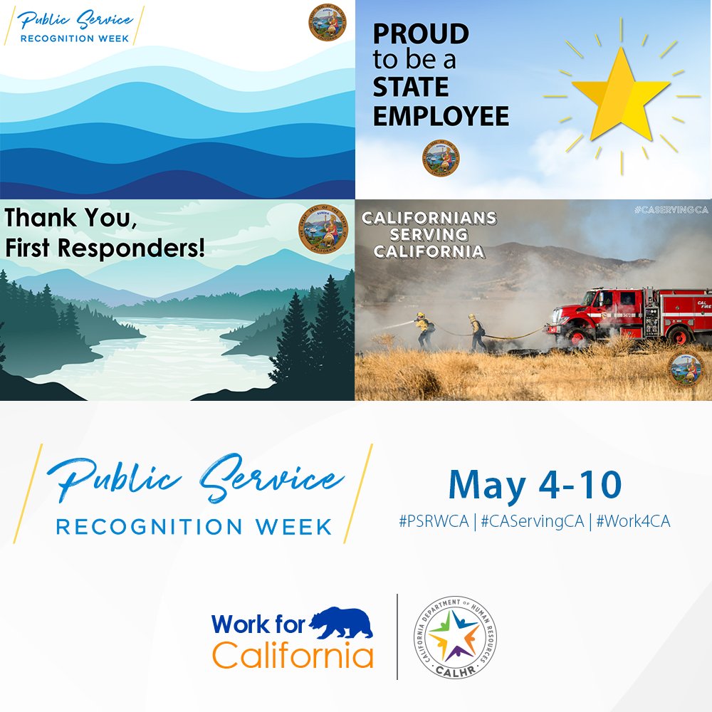 ♥ State workers keep our communities going! #PSRWCA is about honoring the work you do. 🌟California highlights the first responders who have battled the wildfires earlier this year. Thanks for all you have done 💙

🔗Find other #CAServingCA backgrounds tinyurl.com/mr4dh9m8