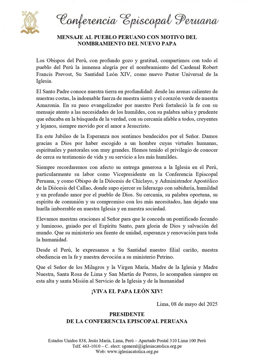 ¡𝐇𝐚𝐛𝐞𝐦𝐮𝐬 𝐏𝐚𝐩𝐚𝐦! 𝐎𝐛𝐢𝐬𝐩𝐨𝐬 𝐝𝐞𝐥 𝐏𝐞𝐫ú 𝐬𝐚𝐥𝐮𝐝𝐚𝐧 𝐜𝐨𝐧 𝐚𝐥𝐞𝐠𝐫í𝐚 𝐥𝐚 𝐞𝐥𝐞𝐜𝐜𝐢ó𝐧 𝐝𝐞𝐥 𝐏𝐚𝐩𝐚 𝐋𝐞ó𝐧 𝐗𝐈𝐕

Lea la nota completa: noticias.iglesia.org.pe/habemus-papam-…