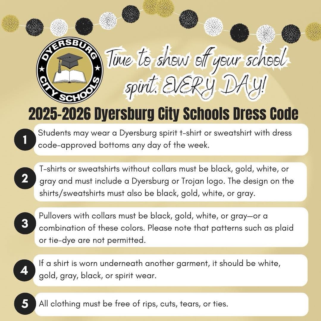 We’re excited to share that starting in the 2025-2026 school year, every day is Spirit Day at Dyersburg City Schools! Students are encouraged to show their Trojan pride by wearing Dyersburg spirit wear each day! 💛🖤