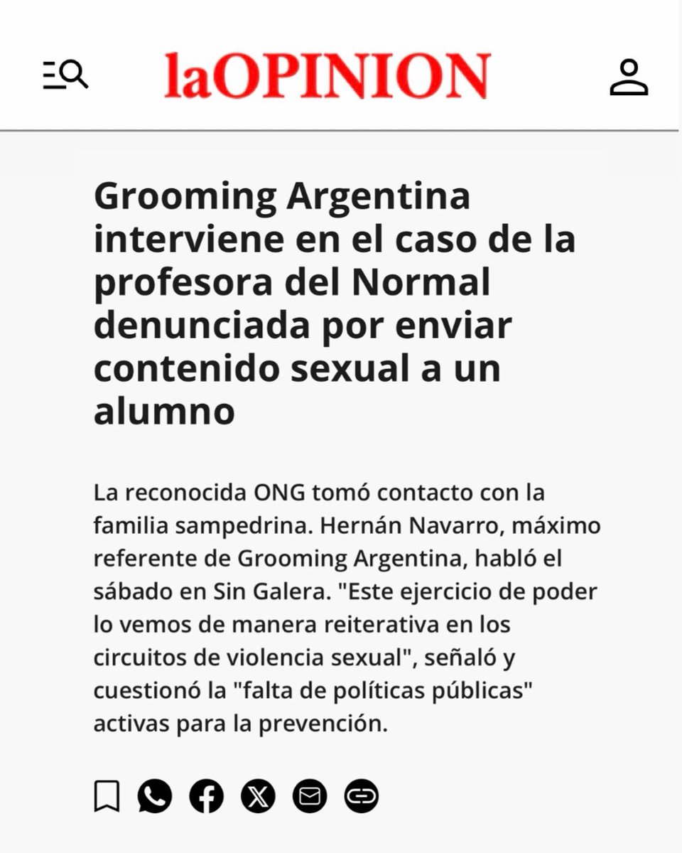 GroomingArg's tweet photo. 👩🏻‍🏫🚨 GROOMING ARGENTINA INTERVIENE EN EL CASO DE UNA DOCENTE DENUNCIADA POR ACOSO, vía @laopinionsp 

📲⚠️ El caso llegó a través de la app GAPP, una herramienta de la organización para denunciar situaciones de #Grooming. Se trata de una docente suplente, quien le habría enviado mensajes y videos sexuales por Instagram a un alumno de 15 años.

🗯️ El Dr. @hernangnavarro, Director Ejecutivo de nuestra Institución, expresó: “Este ejercicio de poder lo vemos de manera reiterativa en los circuitos de violencia sexual.” Además, remarcó la urgencia de contar con políticas públicas preventivas y criticó la falta de agravantes en la ley para casos en los que el agresor se vale de la relación de preeminencia.  

🔗 Mirá la nota completa: https://t.co/zd46x9VA3Y.