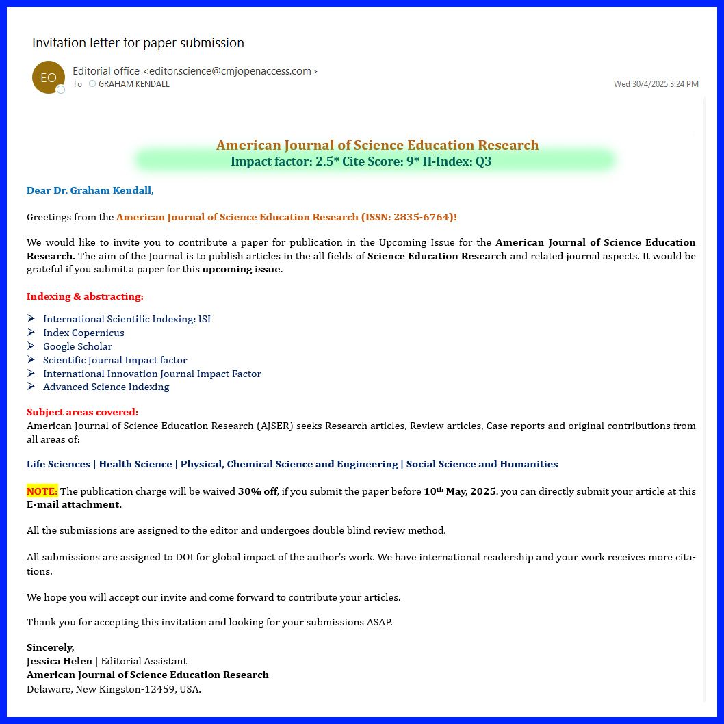 Received this email from American Journal of Science Education Research.

Looking at the green highlight. Just noting:

⭕ The impact factor is not Web of Science (<a href="/Clarivate/">Clarivate</a>). It does not claim to be, but perhaps tries to give that impression.

⭕ The journal is not indexed by