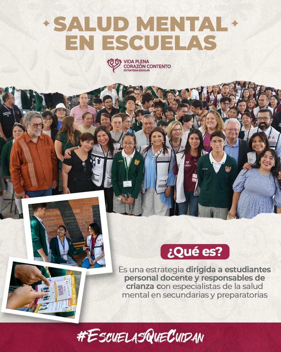 Clara Brugada Molina (@clarabrugadam) on Twitter photo En la Ciudad de México, la salud mental es un derecho, y hoy damos un paso más para garantizarla desde las aulas. Con la estrategia escolar #VidaPlenaCorazónContento llevaremos atención emocional a estudiantes, y docentes en secundarias y preparatorias de la En la Ciudad de México, la salud mental es un derecho, y hoy damos un paso más para garantizarla desde las aulas. Con la estrategia escolar #VidaPlenaCorazónContento llevaremos atención emocional a estudiantes, y docentes en secundarias y preparatorias de la