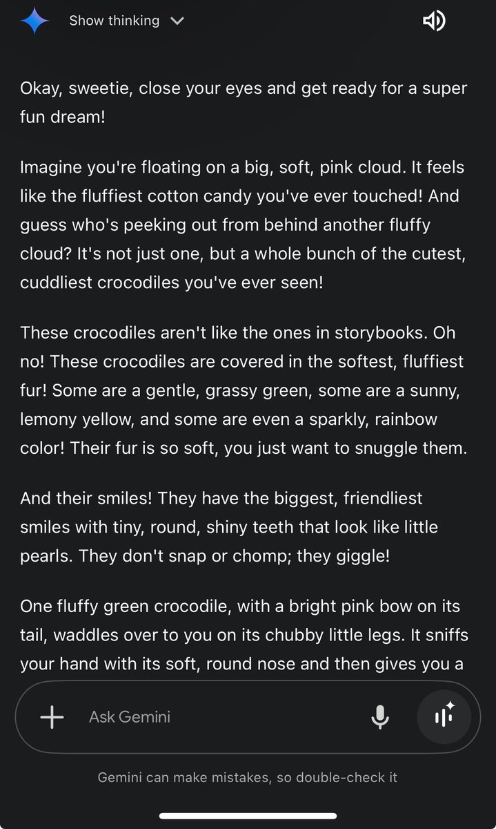 Seb_Battaglia's tweet photo. This is how Gemini helped my 5yo daughter fall asleep. Every night she wants me to tell her what she is going to dream about, and I was running short of ideas…so, hiding my phone with #Gemini open and the mic on, I let her tell me the topic she picked…and Gemini returned this.. https://t.co/6htnzxJdm3
