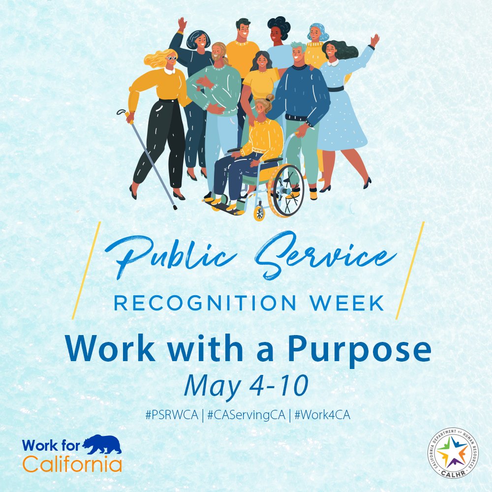 🎉California's Public Service Recognition Week kicks off today! Share your appreciation for the public servants in your life by using the hashtags #PSRWCA &amp; #CAServingCA 🙌 

🔗#PSRWCA resources: bit.ly/41xb0bW
