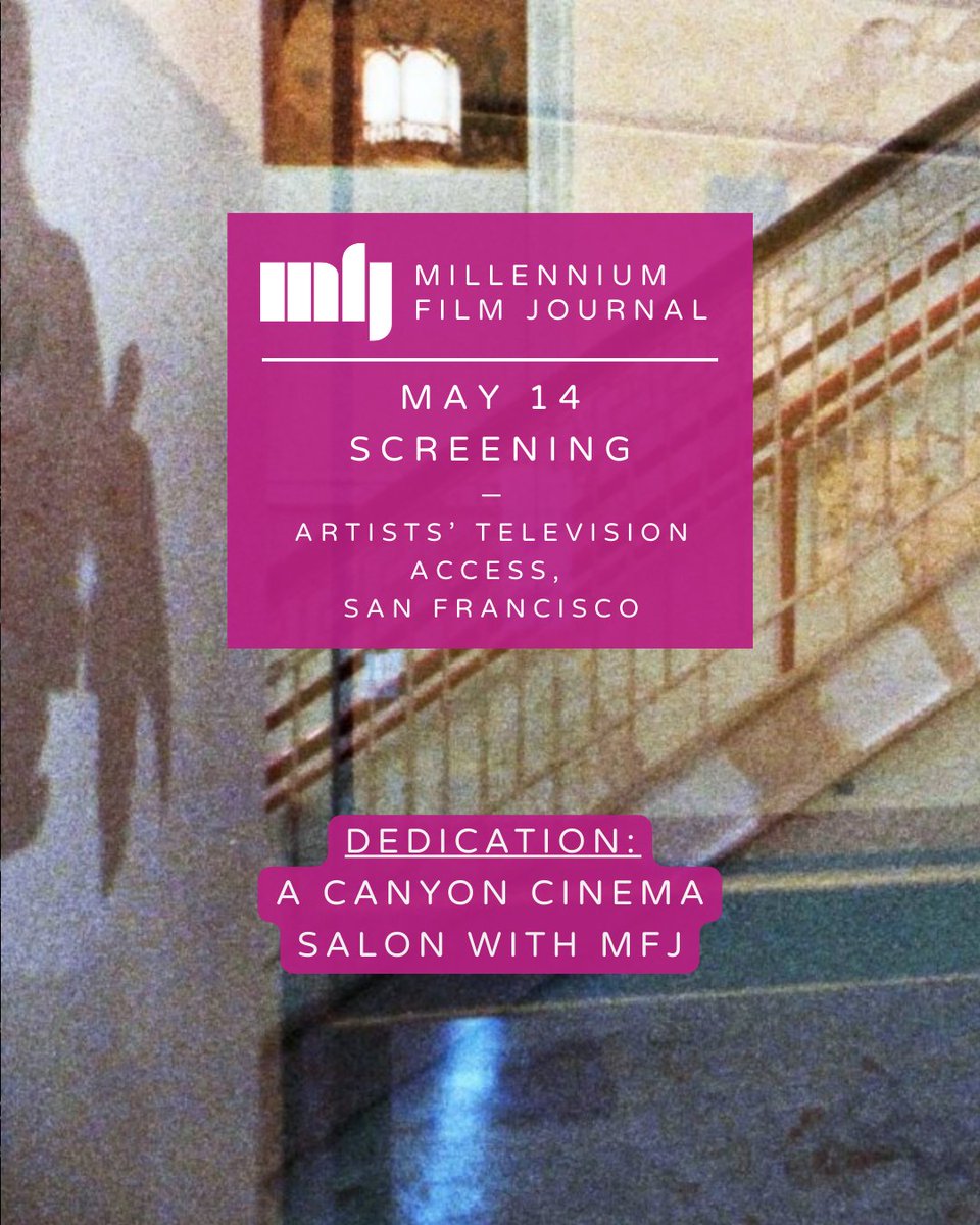 Millennium Film Journal (@millennfilmjnl) on Twitter photo We're so excited to be hosting our first screening in San Francisco next week, May 14, with <a href="/canyoncinema/">Canyon Cinema</a>
🤩 <a href="/LynneSachs1/">Lynne Sachs</a> and Editor Nicholas Gamso in person!
Wednesday, May 14, 2025 @ 7:30pm
Artists’ Television Access, 992 Valencia Street, San Francisco
🎟️ more info in bio We're so excited to be hosting our first screening in San Francisco next week, May 14, with <a href="/canyoncinema/">Canyon Cinema</a>
🤩 <a href="/LynneSachs1/">Lynne Sachs</a> and Editor Nicholas Gamso in person!
Wednesday, May 14, 2025 @ 7:30pm
Artists’ Television Access, 992 Valencia Street, San Francisco
🎟️ more info in bio