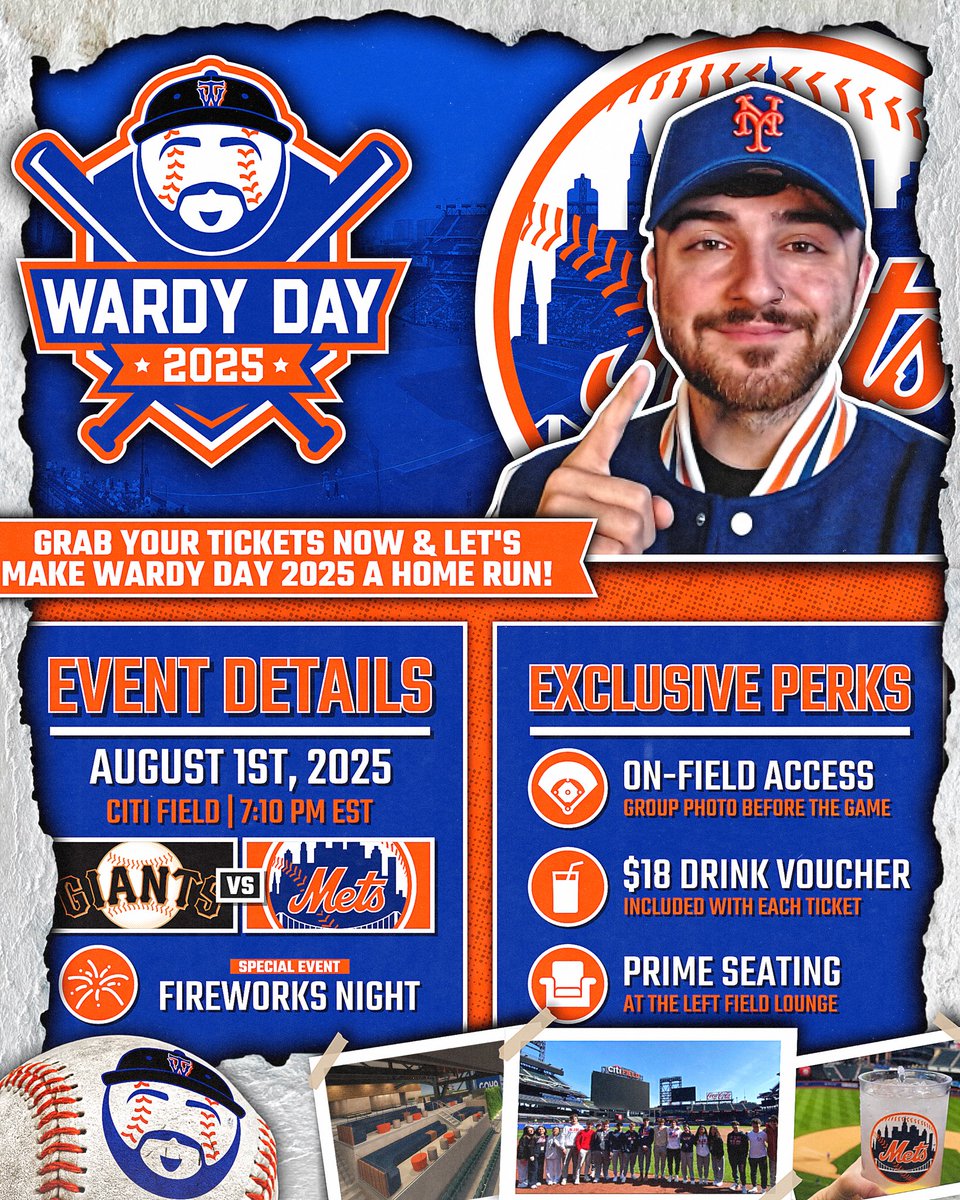 TheWardyNYM's tweet image. 🚨MASSIVE NEWS METS FANS!🚨
Wardy Day 2025 Is Officially HERE! 🥳🎉
On August 1st, come hangout with your guy Wardy for an AMAZIN’ day at the ballpark!
Purchase Tickets Here🎟️: eventcreate.com/e/wardyday2025