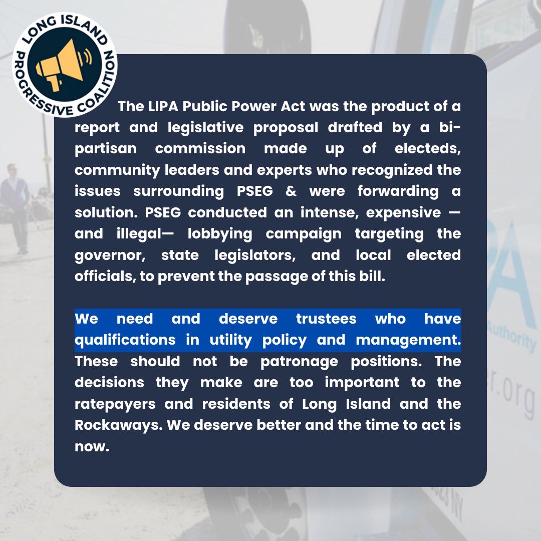 Please read our statement about the rejection of Quanta by the LIPA board, and be sure to check our website (publicpowerlipa.org) for updates as well as how to get plugged in to bring about a fully public utility on LI that answers to ratepayers instead of shareholders.