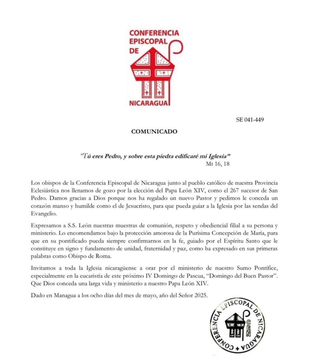Comunicado de la Conferencia Episcopal de Nicaragua por la elección del Papa León XIV