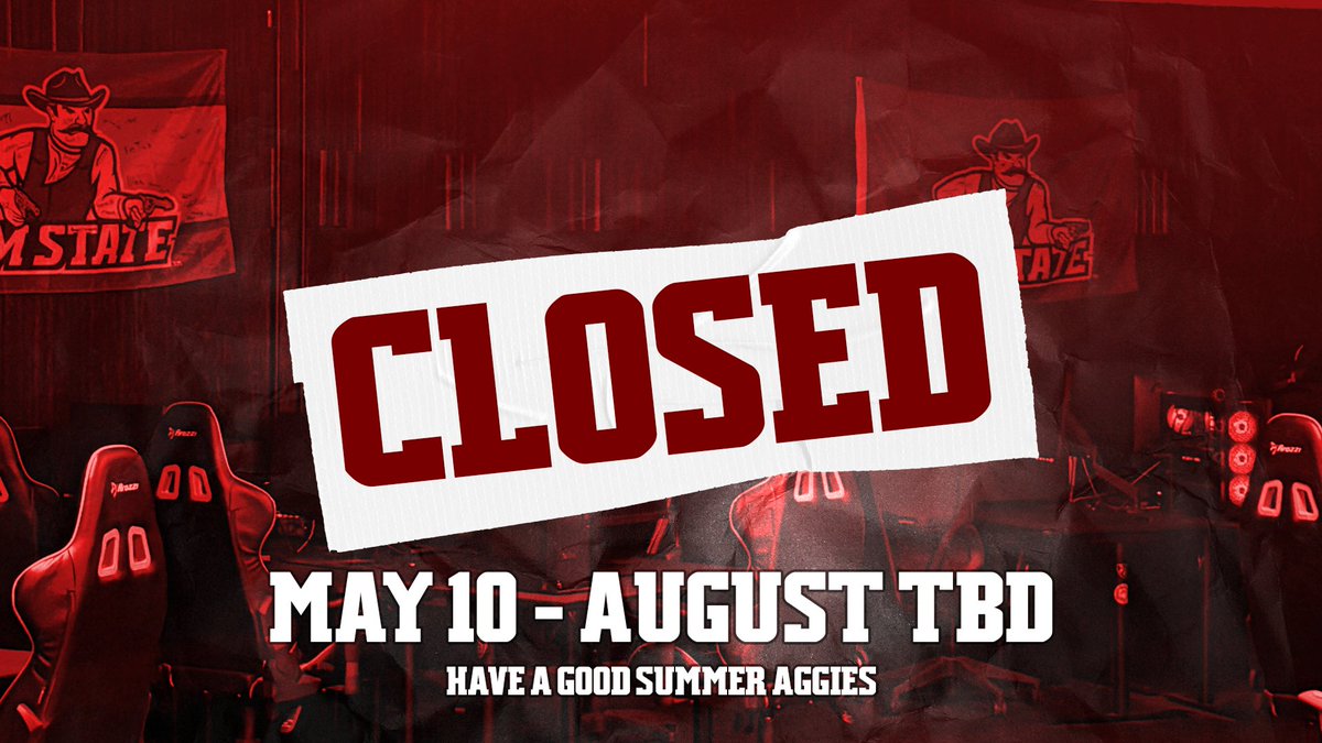 That's a wrap for this semester of the Esports Lab #AggieNation!

The Esports Lab will be closed starting May 10th for the summer break. Stay tuned for more information and big changes coming to NM State Esports this fall! #GoAggies