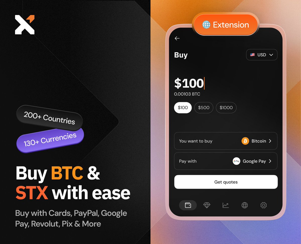 Xverse - Bitcoin Wallet for everyone (@xverseapp) on Twitter photo 🚀 Buying BTC & STX just got easier in Xverse
1/ New & improved fiat onramp now live:
✅ 130+ currencies, 200+ countries
✅ Buy with Cards, PayPal, Google Pay, Revolut, Pix & more
✅ Range of KYC options
🔥 Zero-fee with <a href="/AlchemyPay/">Alchemy Pay|$ACH: Fiat-Crypto Payment Gateway</a> for 2 weeks
Update your app & explore! 👇 🚀 Buying BTC & STX just got easier in Xverse
1/ New & improved fiat onramp now live:
✅ 130+ currencies, 200+ countries
✅ Buy with Cards, PayPal, Google Pay, Revolut, Pix & more
✅ Range of KYC options
🔥 Zero-fee with <a href="/AlchemyPay/">Alchemy Pay|$ACH: Fiat-Crypto Payment Gateway</a> for 2 weeks
Update your app & explore! 👇