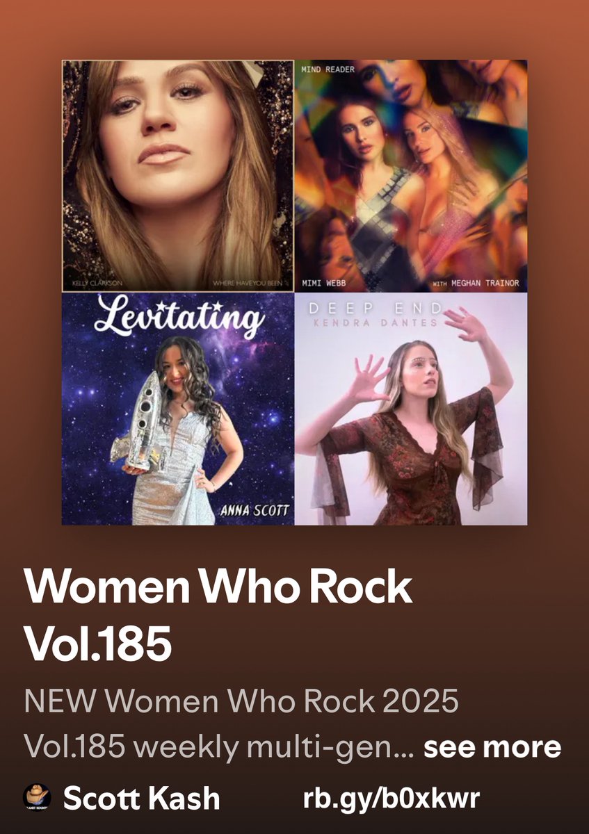 Scott Kash (@scottkash88) on Twitter photo NEW #WomenWhoRock a multi-genre playlist Vol.185 with the best #newmusic
<a href="/kellyclarkson/">Kelly Clarkson</a> Where Have You Been
<a href="/mimiwebb/">Mimi Webb</a>/<a href="/Meghan_Trainor/">Meghan Trainor</a> Mind Reader
<a href="/annascott_music/">Anna Scott</a> Levitating
<a href="/KendraDantes/">Kendra Dantes</a> Deep End
+MORE
#Spotify
rb.gy/b0xkwr
#NewMusic2025 #MultiGenre NEW #WomenWhoRock a multi-genre playlist Vol.185 with the best #newmusic
<a href="/kellyclarkson/">Kelly Clarkson</a> Where Have You Been
<a href="/mimiwebb/">Mimi Webb</a>/<a href="/Meghan_Trainor/">Meghan Trainor</a> Mind Reader
<a href="/annascott_music/">Anna Scott</a> Levitating
<a href="/KendraDantes/">Kendra Dantes</a> Deep End
+MORE
#Spotify
rb.gy/b0xkwr
#NewMusic2025 #MultiGenre