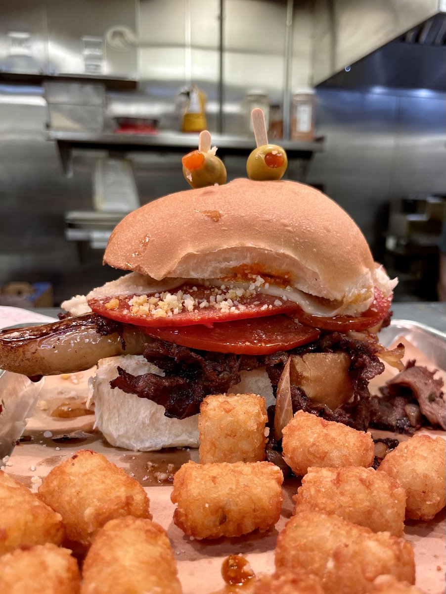 DOUBLE D • Sausage-Stuffed Banana Peppers, Shaved Steak, Pepperoni, Mushroom, Onion, Provolone, Parmesan, Original Sauce