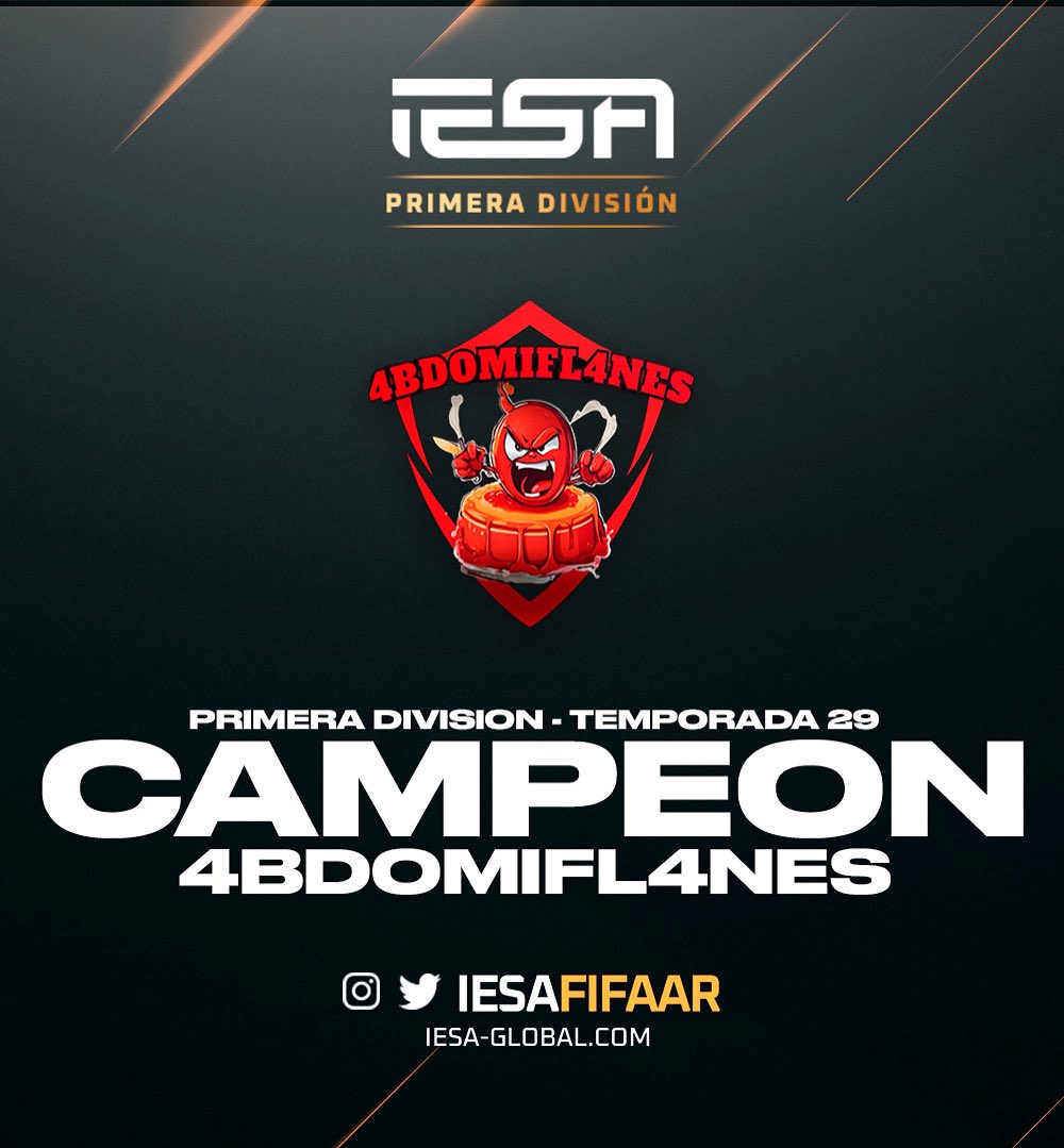 IESA Argentina (@iesafifaar) on Twitter photo ¡SI SEÑORES SE ACABÓ! 🫵🏽
<a href="/4bdomifl4nes/">4BDOMIFL4NES_eSp</a> es el nuevo campeón de la #LigaIESAArgentina de Primera División. El conjunto comandando por Leonel Barrionuevo se impuso 2-1 🆚 <a href="/TalleresEsports/">Talleres Esports</a> en una gran final por parte de los dos equipos.
🥂¡Salud Campeones ¡SI SEÑORES SE ACABÓ! 🫵🏽
<a href="/4bdomifl4nes/">4BDOMIFL4NES_eSp</a> es el nuevo campeón de la #LigaIESAArgentina de Primera División. El conjunto comandando por Leonel Barrionuevo se impuso 2-1 🆚 <a href="/TalleresEsports/">Talleres Esports</a> en una gran final por parte de los dos equipos.
🥂¡Salud Campeones