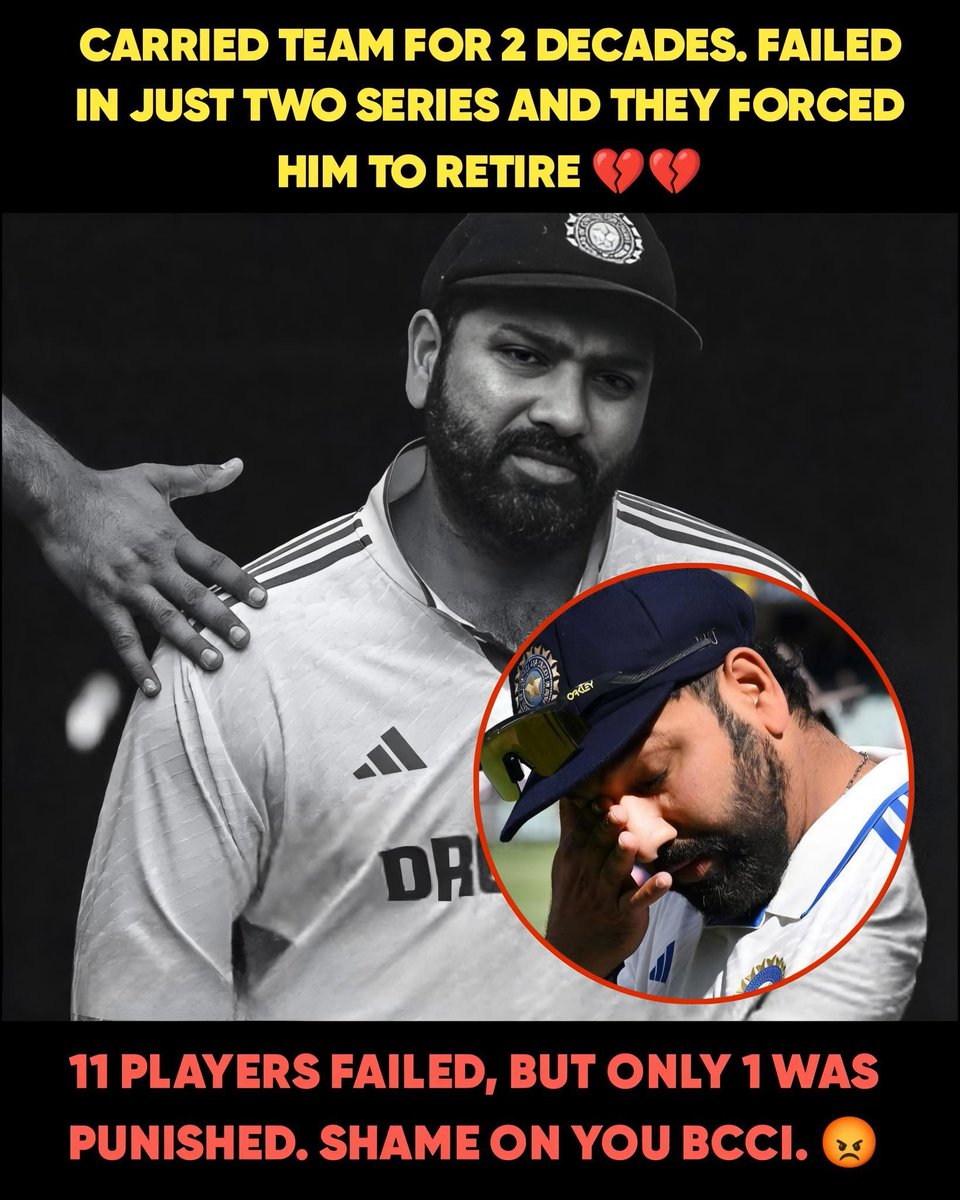 MEDIASREERAM's tweet photo. They all won who criticised him and blamed him for the BGT failure. Many players failed but only Rohit Sharma had to retire. Only Rohit Sharma had to go.🙂💔#BCCI #RohitSharma #Hitman #cricket #jaishaw https://t.co/qqY79gkCGt