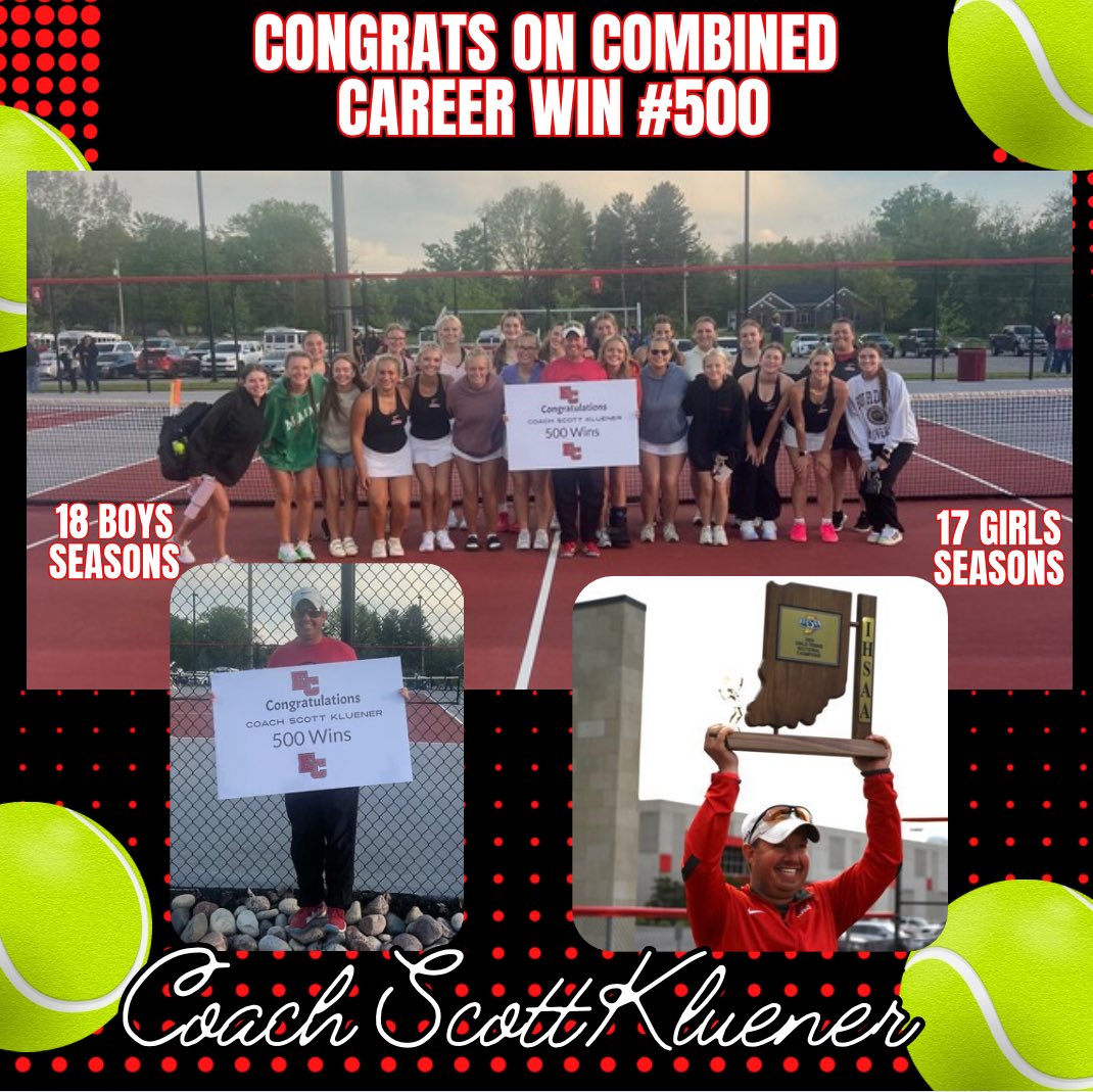 ECTrojanSports's tweet image. With tonight’s win, @ECTrojanTennis 🎾 head coach Scott Kluener reached career win 500.  
(17) seasons as girls coach
(18) seasons as boys coach 

Thanks for providing a great tennis program for our school and community.