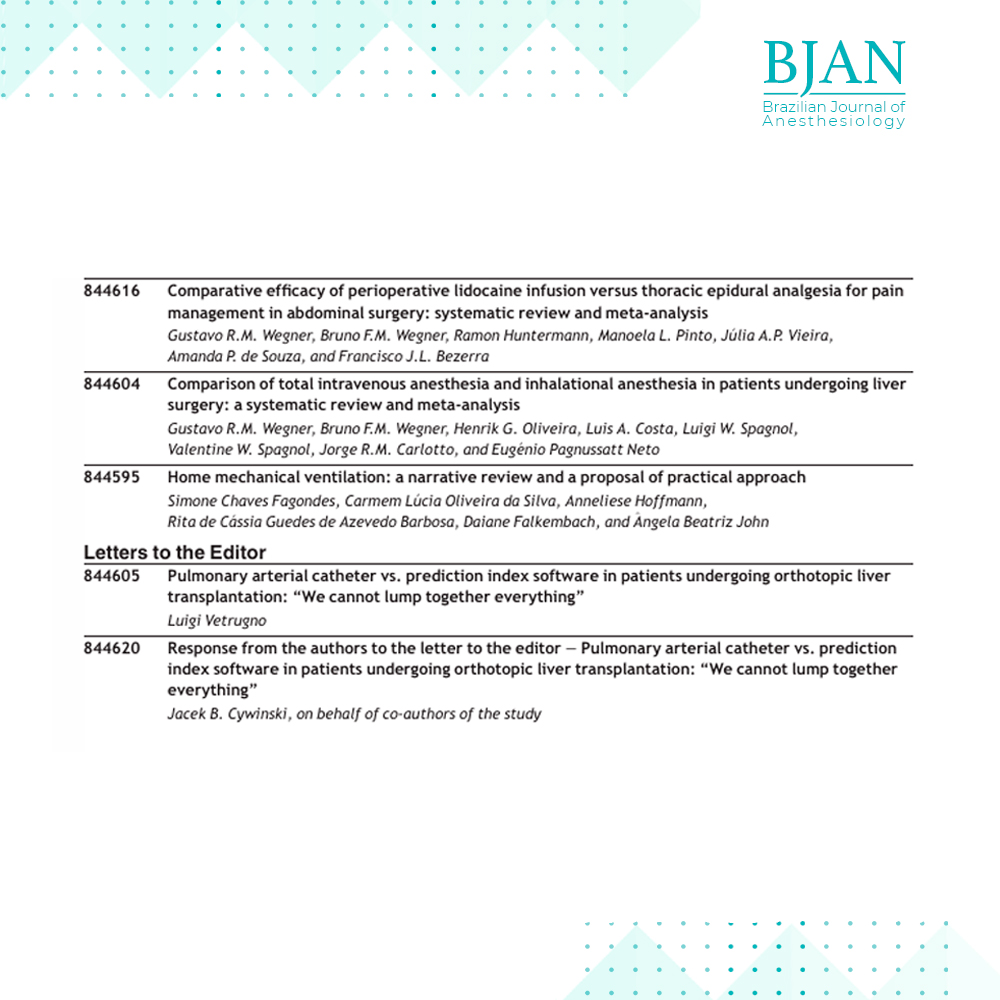 📚✨BJAN 75-3 is available!
Read in full our issue on “Predict, protect, perform: Perspectives in liver transplant anesthesia”
Open access: bjan-sba.org/current

#joinBJAN #citeBJAN #SBA #anestesiologia #anestesia #anesthesiology #surgery #transplant #liver