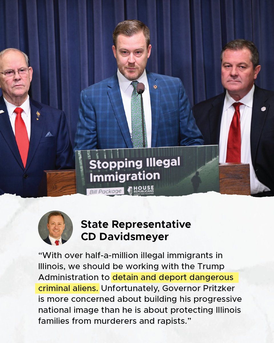ilhousegop's tweet image. Rep. C.D. Davidsmeyer is sponsoring legislation (HB 1317) to repeal the Illinois TRUST Act, a misguided law that prohibits law enforcement agencies from working with federal authorities to detain and deport illegal immigrants. cddavidsmeyer.org/2025/05/07/aft… #twill