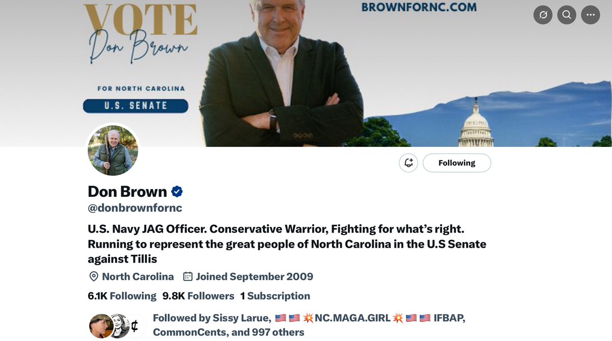 Don Brown (<a href="/donbrownfornc/">Don Brown</a>) is running against RINO Thom Tillis for US Senator in North Carolina. 

Brown is fully MAGA. 

Lets get him elected and RETIRE TILLIS. 

(His resume and history 👇 inside)