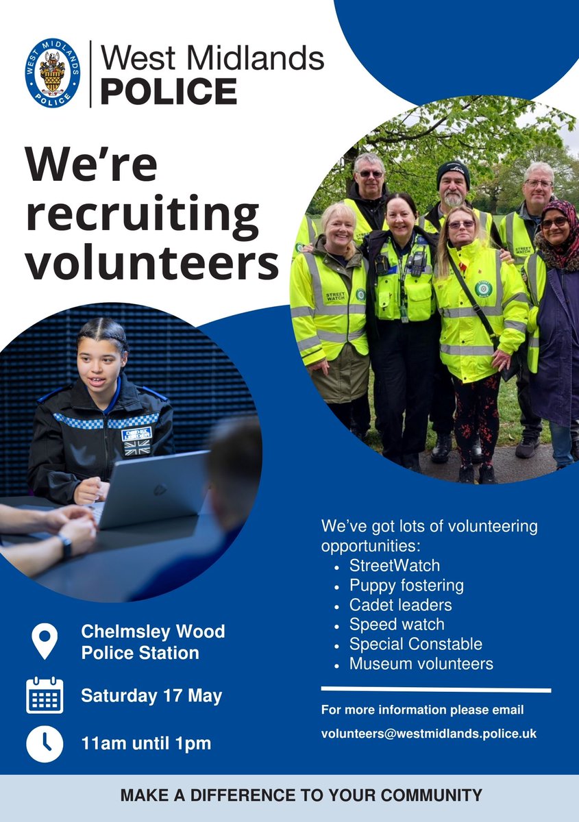 Chelmsley Wood Police (@chelmsleywmp) on Twitter photo We are hosting a volunteering Event. Pop along to find out how you can help your communities & WMPolice.
<a href="/SolihullPolice/">Solihull Police</a> <a href="/StreetWatchWM/">StreetWatch West Midlands</a> <a href="/CadetsWMP/">Cadets WMP</a> <a href="/ChelmsleyWMP/">Chelmsley Wood Police</a> <a href="/SmithswoodWMP/">Smith's Wood, Kingshurst & Castle Bromwich Police</a> We are hosting a volunteering Event. Pop along to find out how you can help your communities & WMPolice.
<a href="/SolihullPolice/">Solihull Police</a> <a href="/StreetWatchWM/">StreetWatch West Midlands</a> <a href="/CadetsWMP/">Cadets WMP</a> <a href="/ChelmsleyWMP/">Chelmsley Wood Police</a> <a href="/SmithswoodWMP/">Smith's Wood, Kingshurst & Castle Bromwich Police</a>