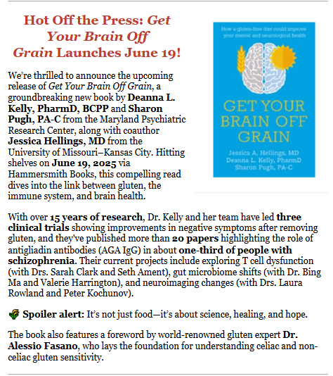 Univ of Maryland School of Medicine Psychiatry Central Newsletter- highlight on our soon-to-be released book.  Available for pre-order on Amazon #gluten #MentalHealth #CeliacDisease #NCGS