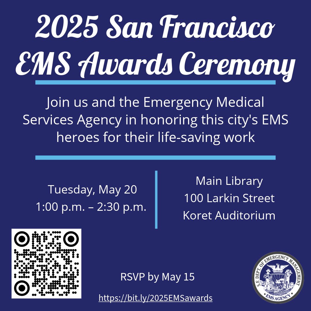 San Francisco Department of Emergency Management (@sf_emergency) on Twitter photo Don’t miss your chance to attend the 2025 Emergency Medical Services Awards! Registration ends in 1 week. Join us and <a href="/SF_EMSA/">San Francisco Emergency Medical Services Agency</a> May 20 to celebrate the outstanding work of #SF dispatchers, first responders and community members!
Main Library-100 Larkin Street
Tuesday 5/20
1:00pm Don’t miss your chance to attend the 2025 Emergency Medical Services Awards! Registration ends in 1 week. Join us and <a href="/SF_EMSA/">San Francisco Emergency Medical Services Agency</a> May 20 to celebrate the outstanding work of #SF dispatchers, first responders and community members!
Main Library-100 Larkin Street
Tuesday 5/20
1:00pm