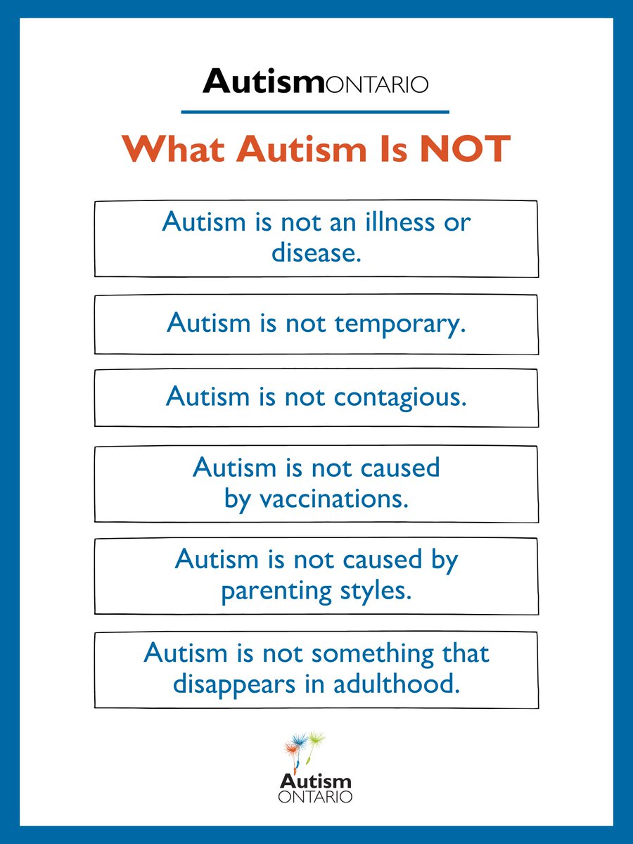 Check out our What Autism Is Not infographic:

Autism is:
- not an illness or disease;
- not temporary;
- not contagious
- not caused by vaccines or parenting styles; and
- not something that “goes away” in adulthood

To learn more, visit our website: ow.ly/Eh6550VPzlk