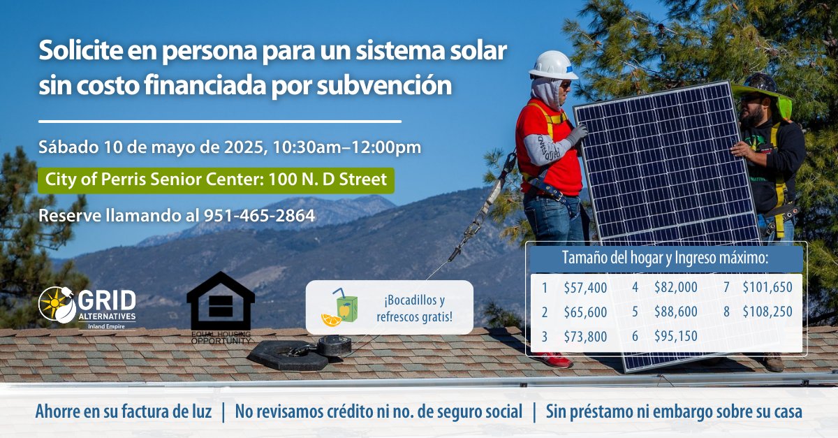 We're partnering with <a href="/CityofPerris/">City of Perris CA</a> to provide no-cost solar equipment to City of Perris homeowners. Call 951-465-2864 or RSVP in our bio. Free snacks will be provided!
