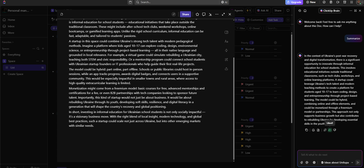 DudiakVitalii's tweet image. ClickUp’s AI Notetaker = my cheat code for docs.
In 30 secs, I know if it’s worth my time — or just fluff.
And when I need to share it? Clean, short summary. No more “scroll to page 6” chaos. 😅
#ClickUpAI #AIProductivity #MeetingNotes @ClickUp