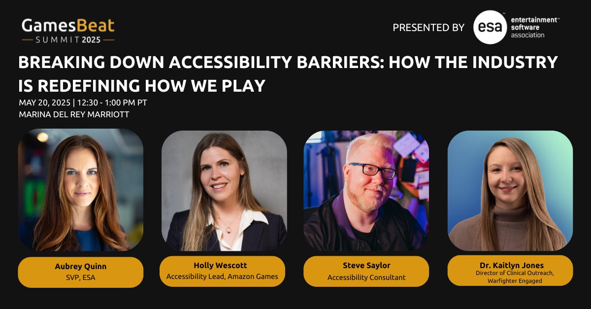 GamesBeat (@gamesbeat) on Twitter photo Join the Accessibility in Games Lunch, presented by <a href="/theESA/">Entertainment Software Association</a> at #GBSummit featuring leaders including <a href="/aubreyquinn/">aubrey quinn</a> of <a href="/theESA/">Entertainment Software Association</a>, <a href="/stevesaylor/">Steve Saylor</a>, <a href="/NoelHollyW/">Holly Wescott</a> of <a href="/amazongames/">Amazon Games</a>, and <a href="/KaitlynJones_/">Dr. Kaitlyn Jones</a> of @xbox.
Use code: GBS2510OFF: bit.ly/4gaWCfG Join the Accessibility in Games Lunch, presented by <a href="/theESA/">Entertainment Software Association</a> at #GBSummit featuring leaders including <a href="/aubreyquinn/">aubrey quinn</a> of <a href="/theESA/">Entertainment Software Association</a>, <a href="/stevesaylor/">Steve Saylor</a>, <a href="/NoelHollyW/">Holly Wescott</a> of <a href="/amazongames/">Amazon Games</a>, and <a href="/KaitlynJones_/">Dr. Kaitlyn Jones</a> of @xbox.
Use code: GBS2510OFF: bit.ly/4gaWCfG