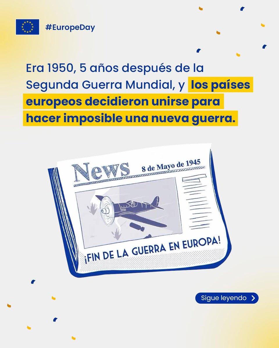 UEenPanama's tweet image. ¿Sabes por qué el 9 de mayo es el Día de Europa🇪🇺 (y mayo, el Mes de Europa)?
En 1950, 5 años después de la Segunda Guerra Mundial, los países europeos decidieron unirse para hacer imposible una nueva guerra.
La integración europea se fue construyendo como un proyecto de paz.